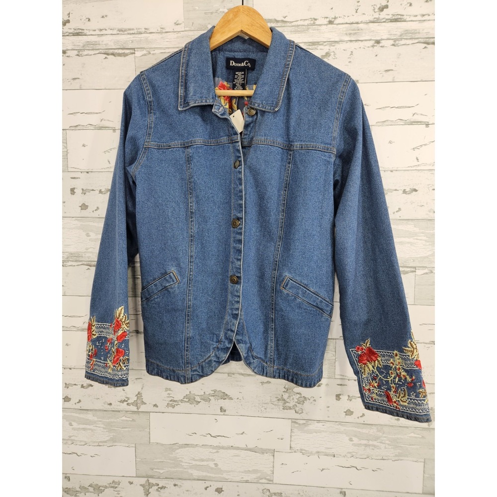 Denim & Co Womens Medium Blue Jean Jacket Floral Embroidered Cuffs Stretch Denim